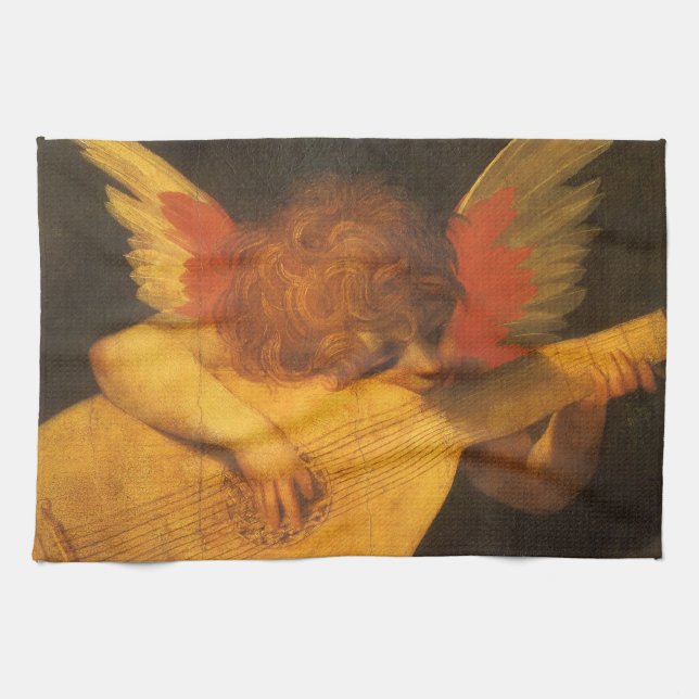 Musician Angel Spelar Lute av Rosso Fiorentino Kökshandduk (Horisontell)