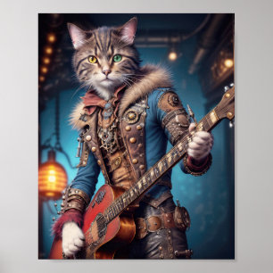 Musician cat in blu steampunk dress play guitar poster