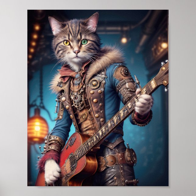 Musician cat in blu steampunk dress play guitar poster (Framsidan)