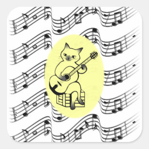 Musician Funny Cat Spela Guitar på Musik noter Fyrkantigt Klistermärke