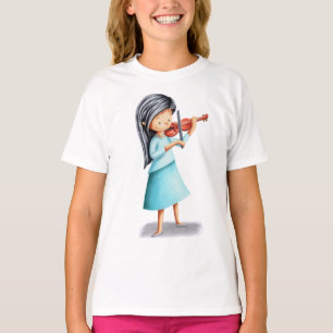 Musician Girl Pluting Violin Illustrated T Shirt