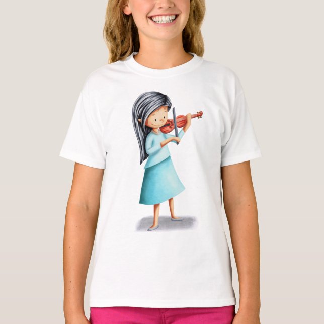 Musician Girl Pluting Violin Illustrated T Shirt (Framsida)