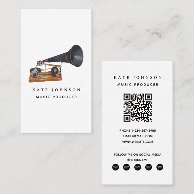 Musician Music Producer Gramophone QR-kod Visitkort (Fram/baksida)