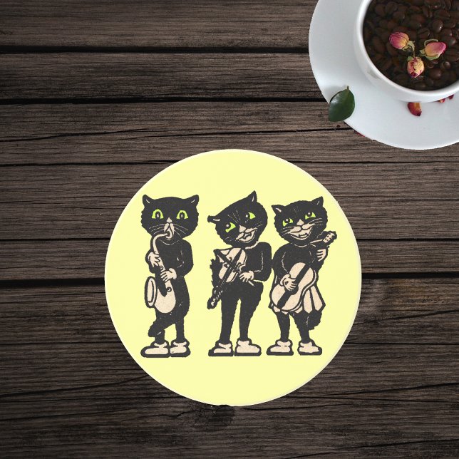 Musician Vintage Svarta katter Underlägg Sandsten (Three black cat musicians playing musical instruments on bright yellow drink coaster.)
