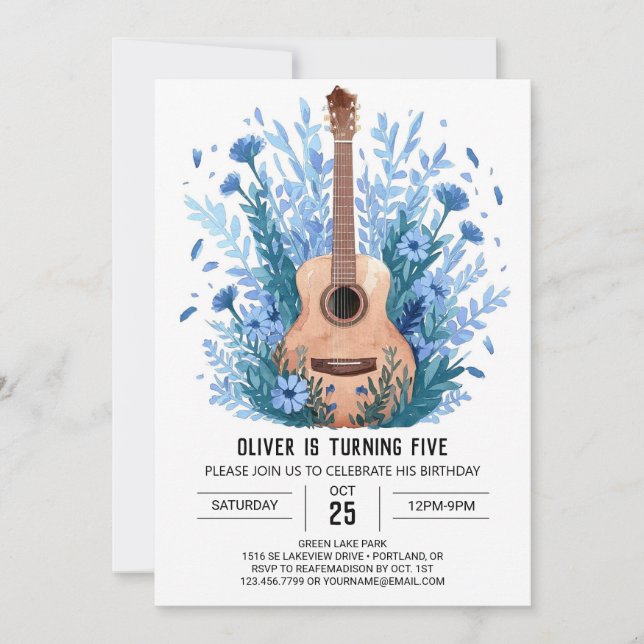 Musician's Wildblommor Guitar Boy Birthday Inbjudningar (Framsida)