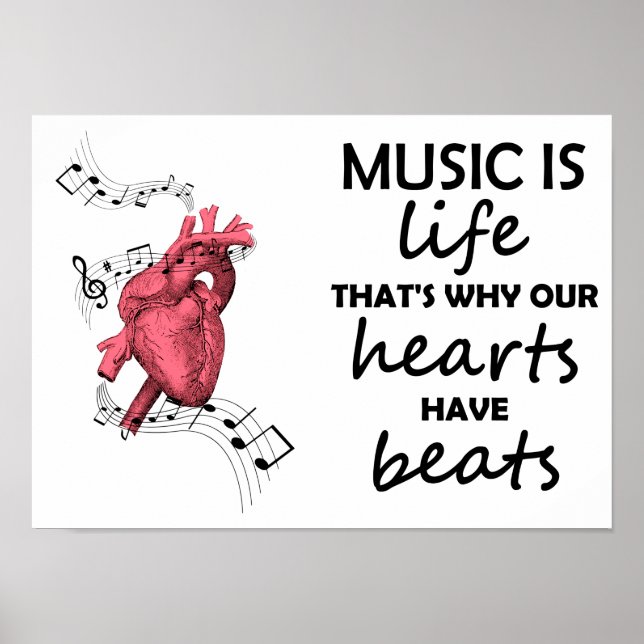 Musik är Life, Heart Print, Music Quote, Music Poster (Framsidan)