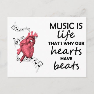 Musik är Life, Heart Print, Music Quote, Music Vykort