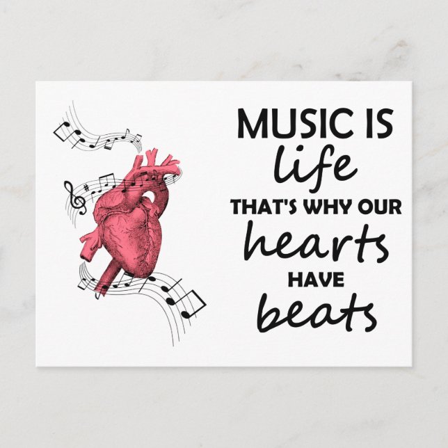 Musik är Life, Heart Print, Music Quote, Music Vykort (Framsida)
