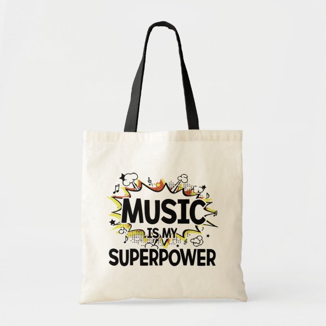 Musik är min röda Superpower, och den gula totot Tygkasse (Framsidan)
