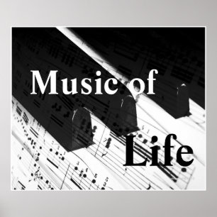 Musik av liv: Pianot stämm & noterar B&W-trycket Poster