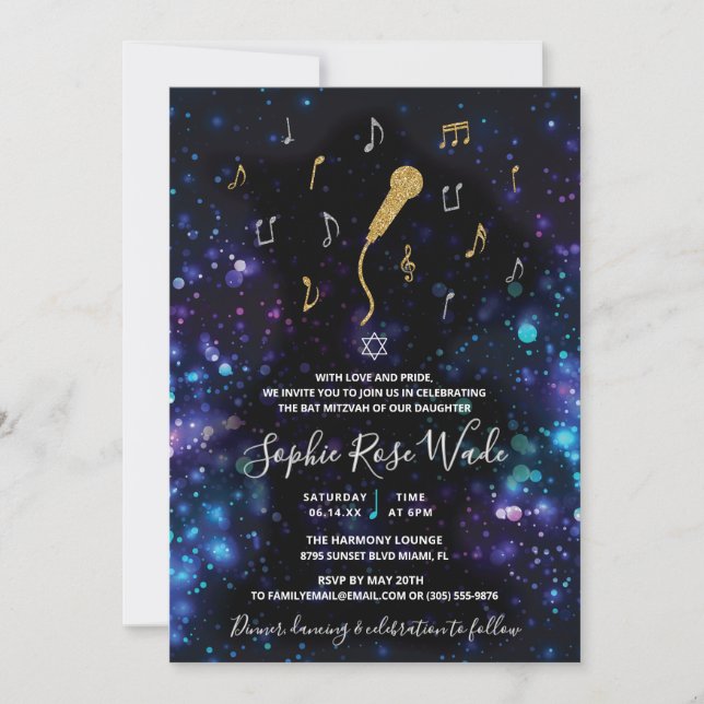 Musik Bat Mitzvah-inbjudan Mikrofon Inbjudningar (Framsida)