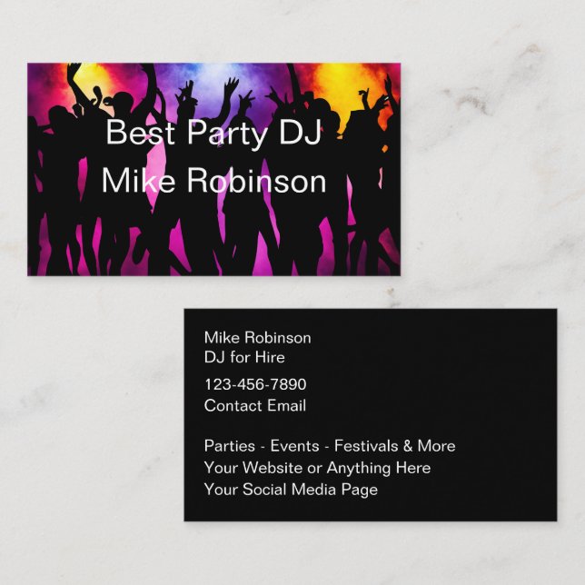 Musik-DJ för uthyrning av färgstarka Party-dansare Visitkort (Fram/baksida)