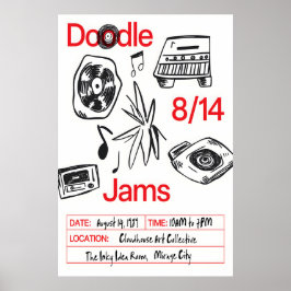 Musik Doodle Art Print Retro Vinyl, Kassett Poster