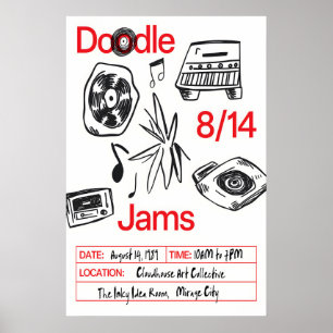 Musik Doodle Art Print Retro Vinyl, Kassett Poster