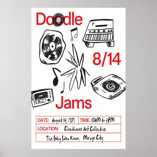 Musik Doodle Art Print Retro Vinyl, Kassett Poster (Framsidan)