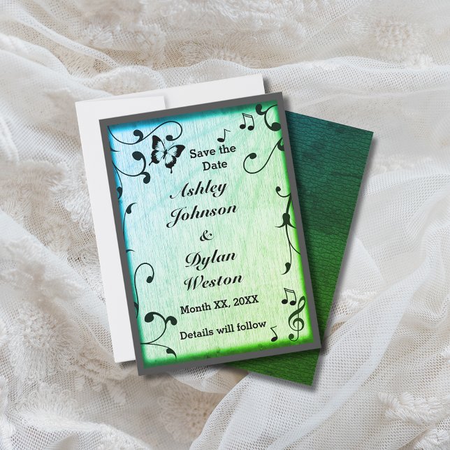 Musik Fjäril Löv Grön Trä Bröllop Spara Datumet (Music Butterfly Leaves Green Wood Wedding Save The Date)
