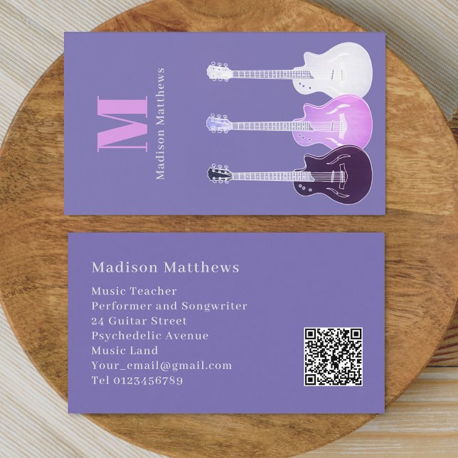 Musik Gitarrlärare Anpassad QR-kod Lila Visitkort (Modern Guitar teacher music tutor musician performer Pink purple Business card)