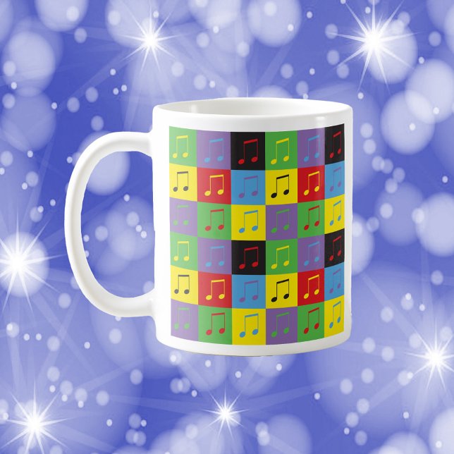 Musik noter 8:e pop-teckningen är färgstark kaffemugg (A mug with a colorful pop art pattern of music notes)