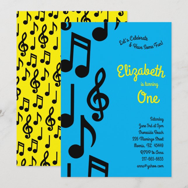 Musik noter Cute Kids 1:a födelsedag Party Inbjudningar (Fram/baksida)