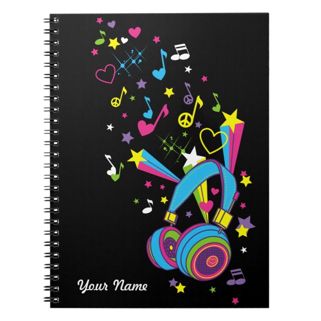 Musik noter Headphone Personlig Black Notebook Anteckningsbok (Framsidan)