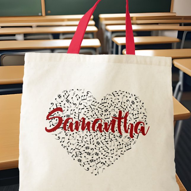 Musik noter Heart w/ Red Script Namn Lakan Music Tygkasse (Music lover personalized tote bag with heart made of notes and any name in bold red script.)