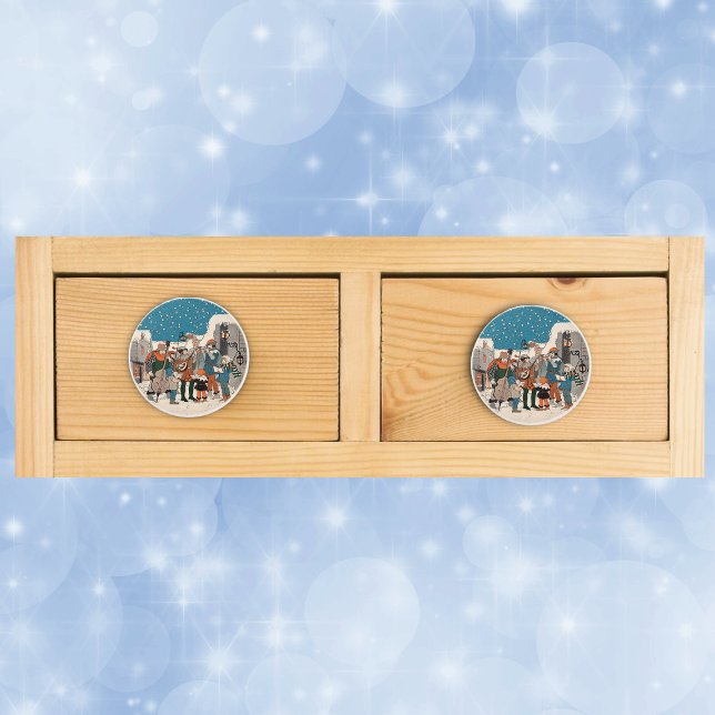 Musik noter jul Carolers Stars Village Knopp (Group musicians Christmas carolers on old time street corner by lamp post on drawer knob pull.)