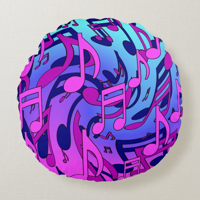 Musik noter Levande Rosa Blue Lila Aqua Mönster Rund Kudde (Framsidan)