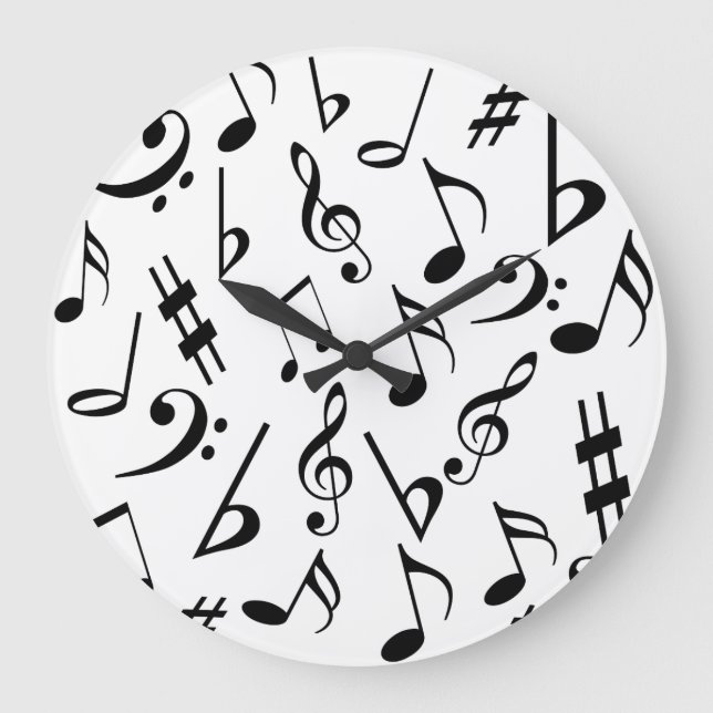Musik noter Music Clock : Svartvit Stor Klocka (Framsida)