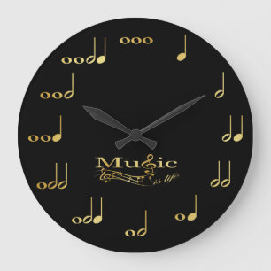 Musik noter - Music is Life - Black and Guld Stor Klocka