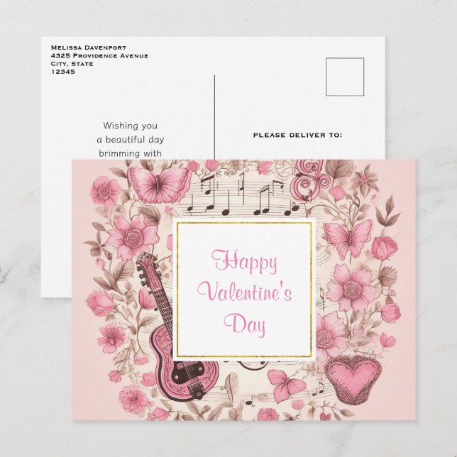 Musik noter och blommor Retro Valentindagen Helg Vykort (Fram/baksida)