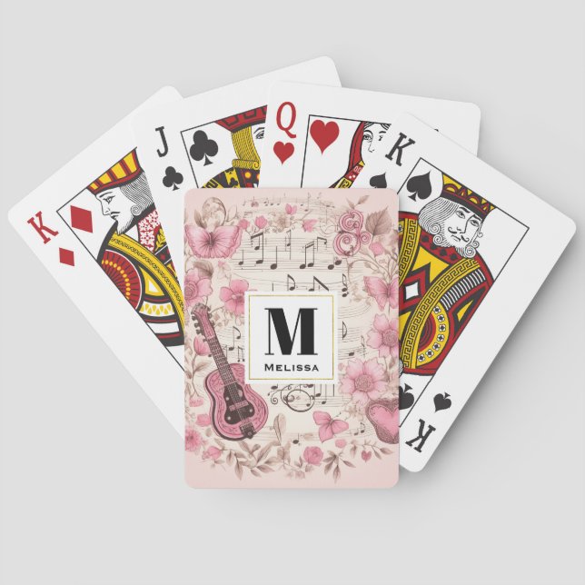 Musik noter och Flowers Elegant Retro Monogram Casinokort (Baksidan)