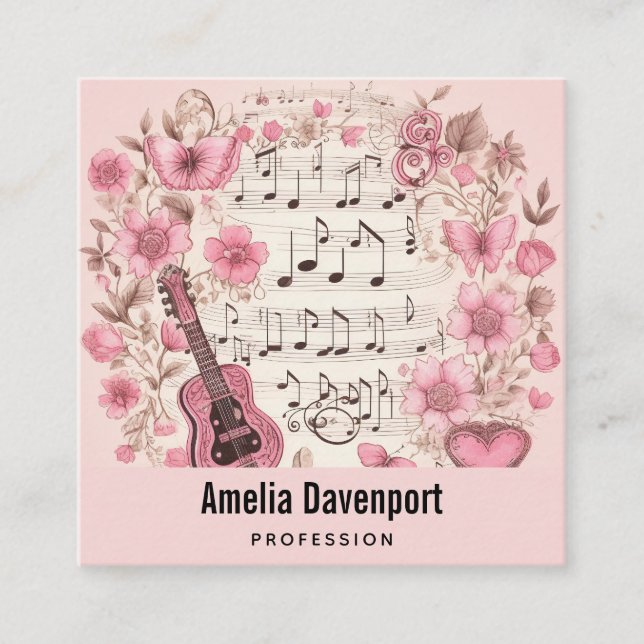 Musik noter och Flowers Retro Elegant Fyrkantigt Visitkort (Framsida)