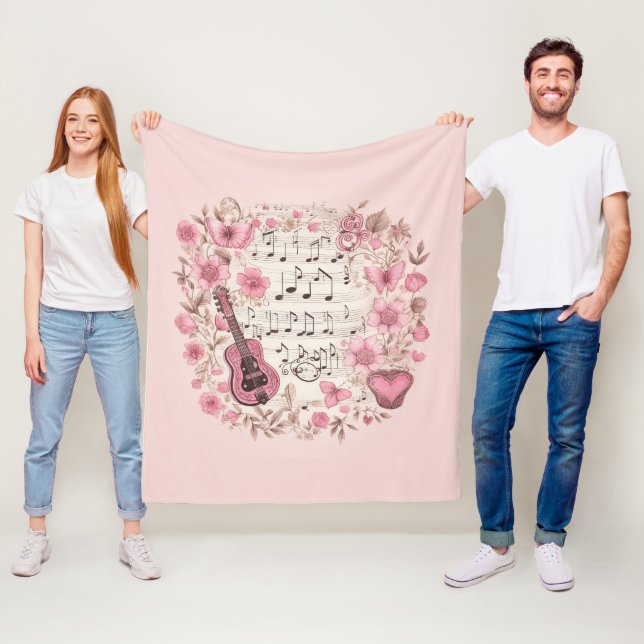 Musik noter och Flowers Retro Stil Fleecefilt (På plats)