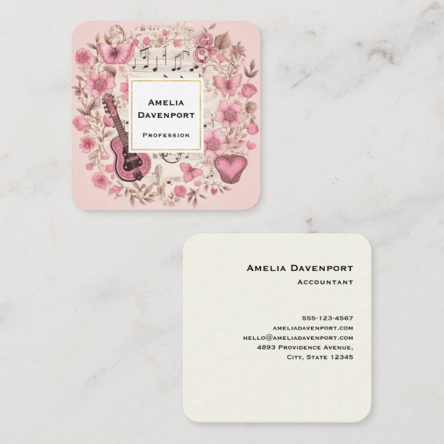 Musik noter och Flowers Retro Stil Fyrkantigt Visitkort (Fram/baksida)