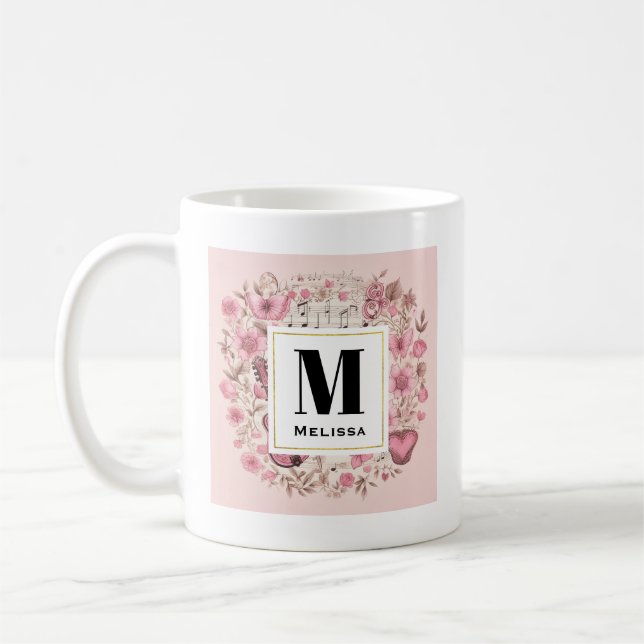 Musik noter och Flowers Retro Stil Monogram Kaffemugg (Vänster)