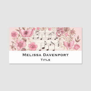 Musik noter och Flowers Retro Stil Namnbricka