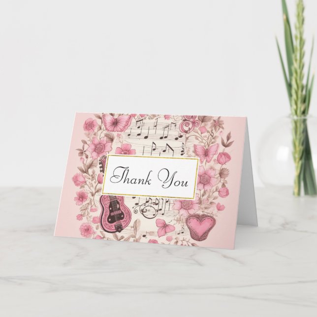 Musik noter och Flowers Retro Stil Tack Kort (Framsida)