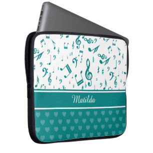 Musik noter och Hearts Mönster Teal and White Laptop Sleeve