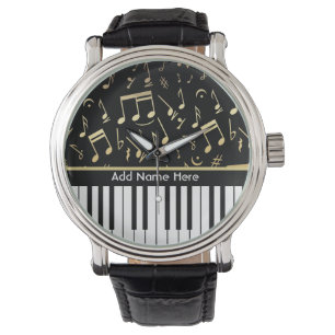 Musik noter och Piano Nycklar Black och Guld Armbandsur