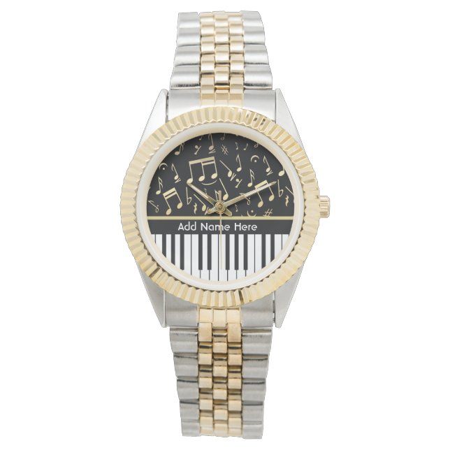 Musik noter och Piano Nycklar Black och Guld Armbandsur (Framsida)