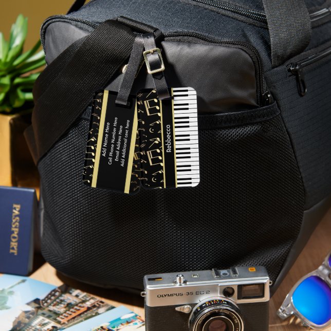 Musik noter och Piano Nycklar Black och Guld Bagagebricka (Fram & Baksida)