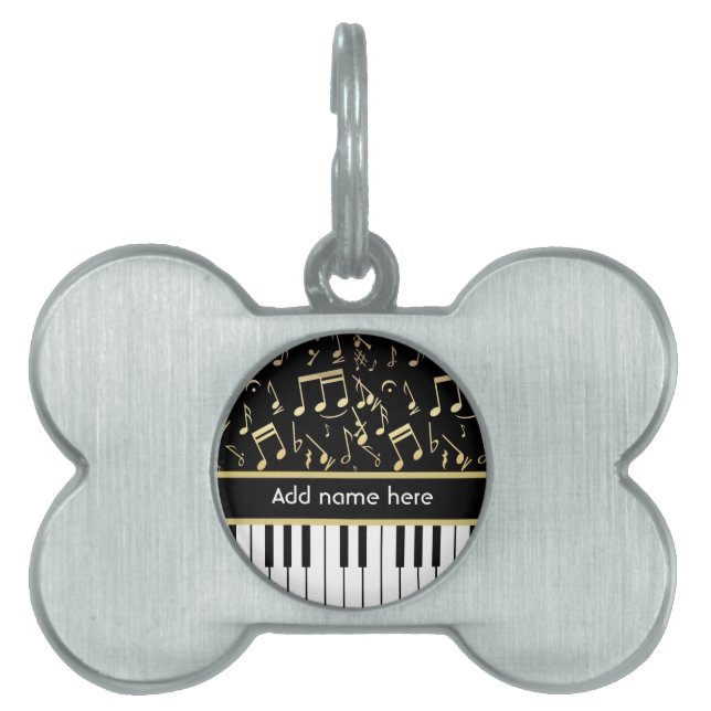 Musik noter och Piano Nycklar Black och Guld Namnbricka Husdjur (Framsidan)