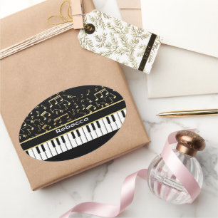 Musik noter och Piano Nycklar Black och Guld Ovalt Klistermärke