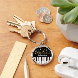 Musik noter och Piano Nycklar Black och Guld Rund Silverfärgad Nyckelring