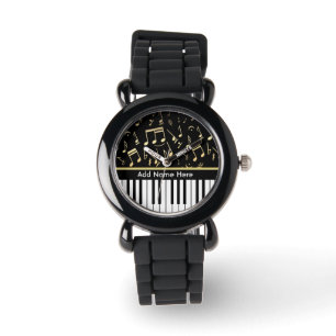 Musik noter- och pianonyckelsvart och guld armbandsur