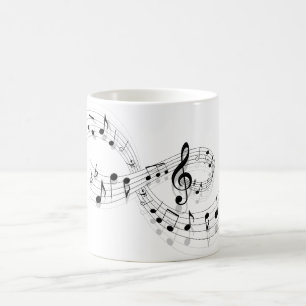 Musik noter på en bemanna fodrar muggen kaffemugg
