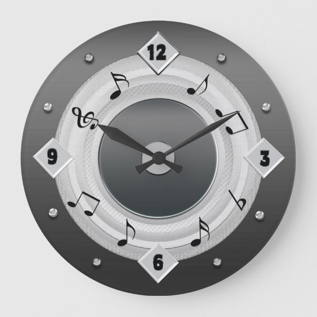 MUSIK NOTER ROUND CLOCK - Silver Tones Stor Klocka (Framsida)