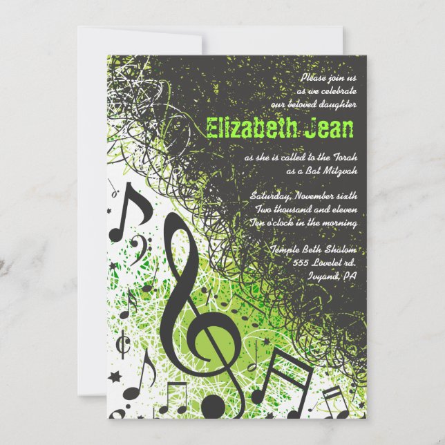 Musik noter Stars Pub Mitzvah Inbjudan Neon Grönt2 (Framsida)