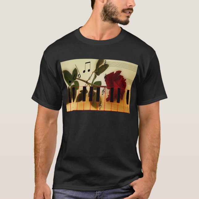 Musik noter Tangentbord Röd ros Blommar Destiny T-shirt (Framsida)