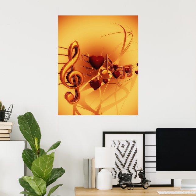 Musik noter Treble Clef Hearts Guld & Red Poster (Hemmakontoret)